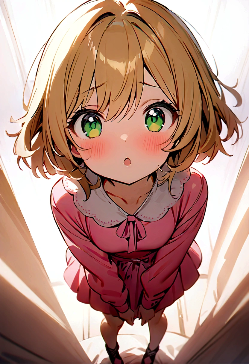(masterpiece), best quality, expressive eyes, perfect face, cute , blonde hair, green eyes, full body, (1girl), (((cute pink outfit)))