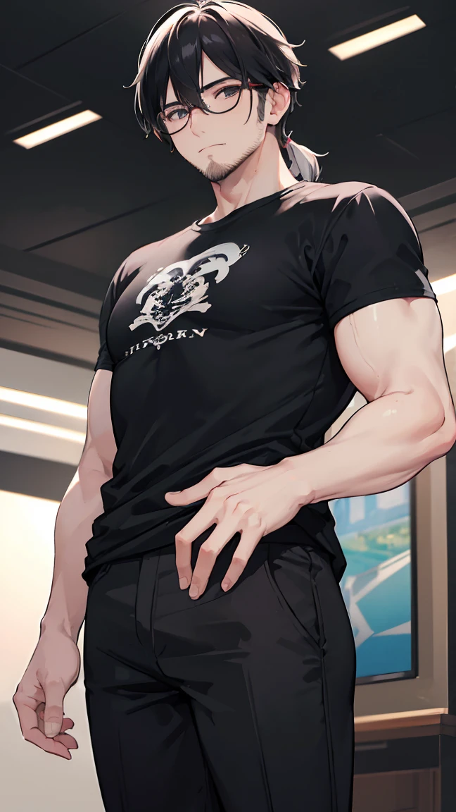 A very handsome white man with short black hair and green eyes is facing me in casual clothes (best quality ultra HD 8K, he is giving a slight smile. The image must show the entire body