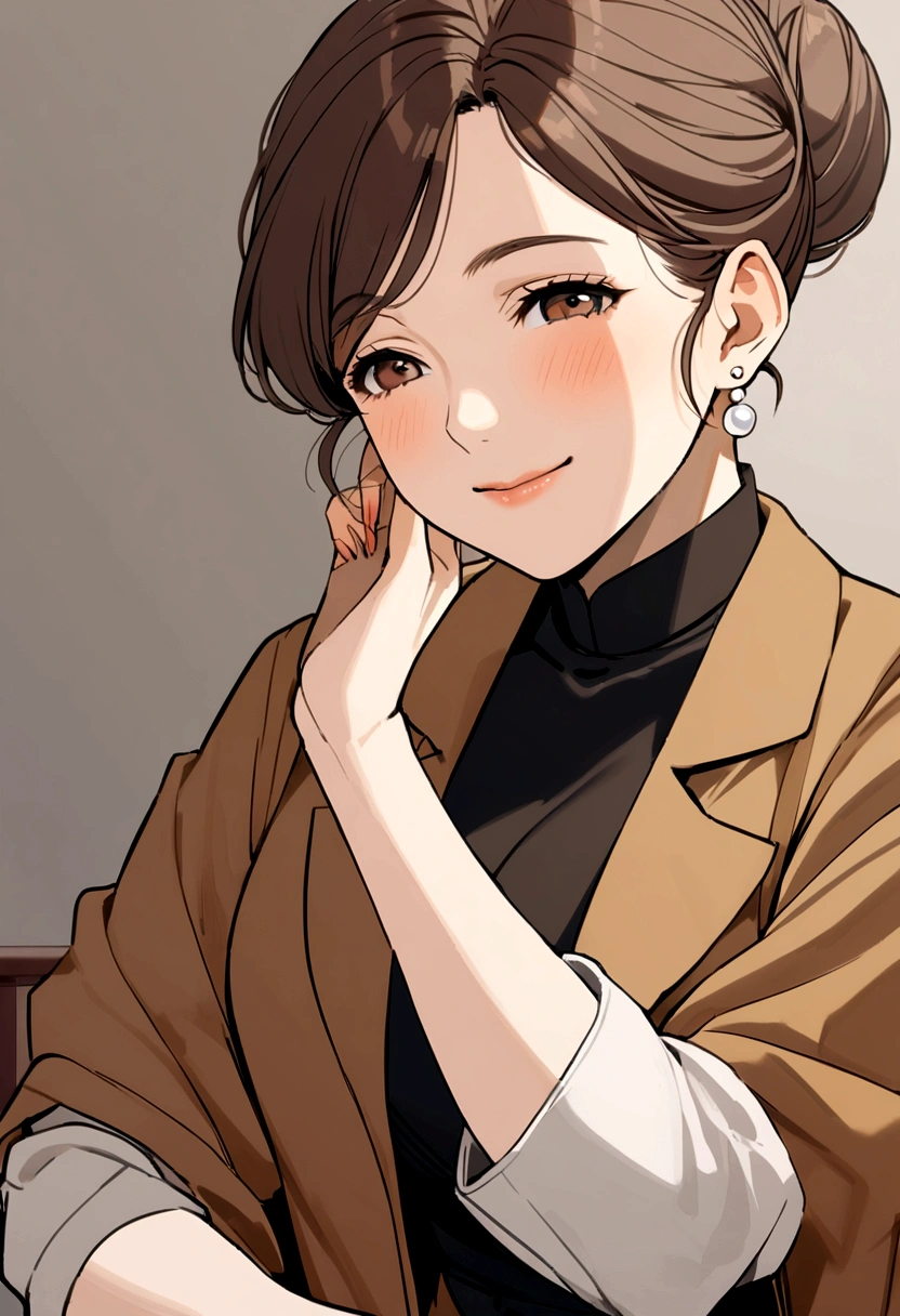 50 year old woman, brown hair, bun, white pearl earrings, black dress, brown short sleeve jacket