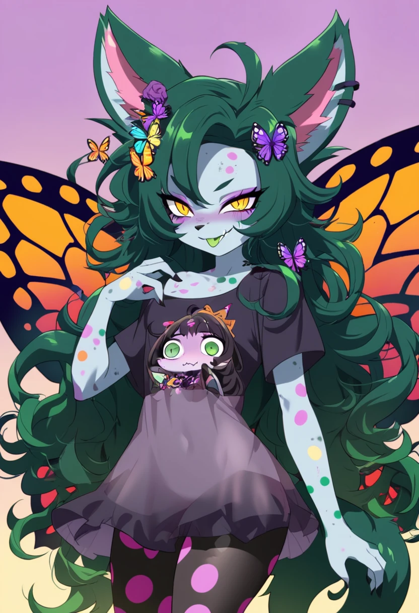 1 gothic monster girls, with long messy hair, dark green hair, creepy hair ornament, flowers in hair, bugs in hair, lots of bugs in her curly hair, pretty face, t-shirt, seductive LINGIRIE DRESS, DIRTY CLOTHES, see through leggings, other has colorful polka dots on her skin, big furry spiky fox tail, cute butterfly wings, neon SKIN color, big animal ears, anime style ,monster girl, seductive eyes, seductive smirk, GREEN tongue, purple 