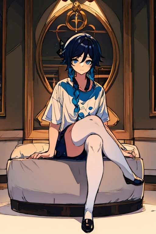 A full body picture,, sitting pose girlly,, Wearing oversize genshin T-shirt,, he grow a breast with medium size