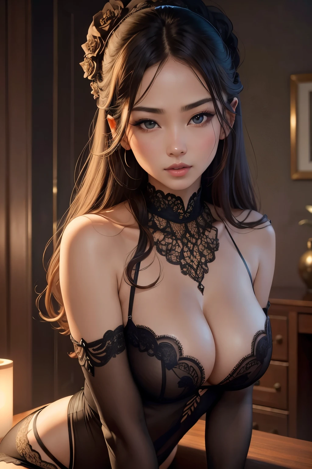 (Exquisitely provocative)、(highly detailed illustration)、(stunning high resolution)、(8K)、(extremely detailed)、(masterpiece)、Erotic lighting、(sexy and alluring eyes)、(top-quality)、(highly sensual)、(tmasterpiece)、(wallpaper)、(attractive woman)、(one woman)、(offering a  gaze towards the viewer)、(radiant and voluptuous)、(detailed face)、(perfectly manicured fingers)、(low-key sensual)、(puresexyfaceace_V1)、(