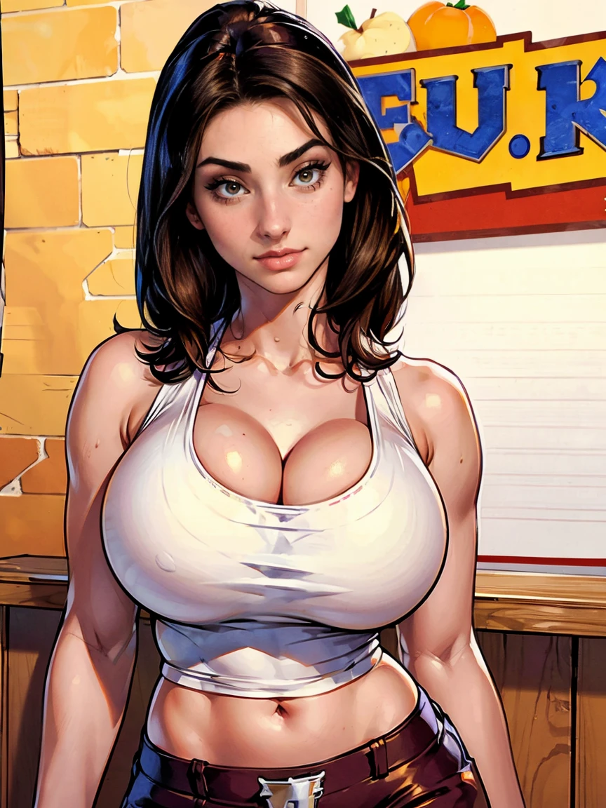 Gorgeous and sultry busty athletic (thin) brunette with sharp facial features and a (large nose) wearing a (Hooters uniform), white tank top, "Hooters", orange minishorts, notepad, restaurant