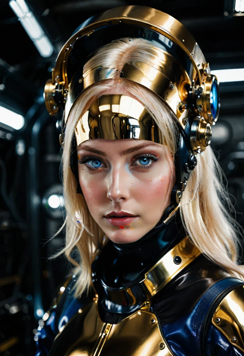 the most realistic and detailed industrial scene with exaggeration and raw photo quality Women with ,shimmering golden-platinum hair,deep blue eyes,black spacesuit