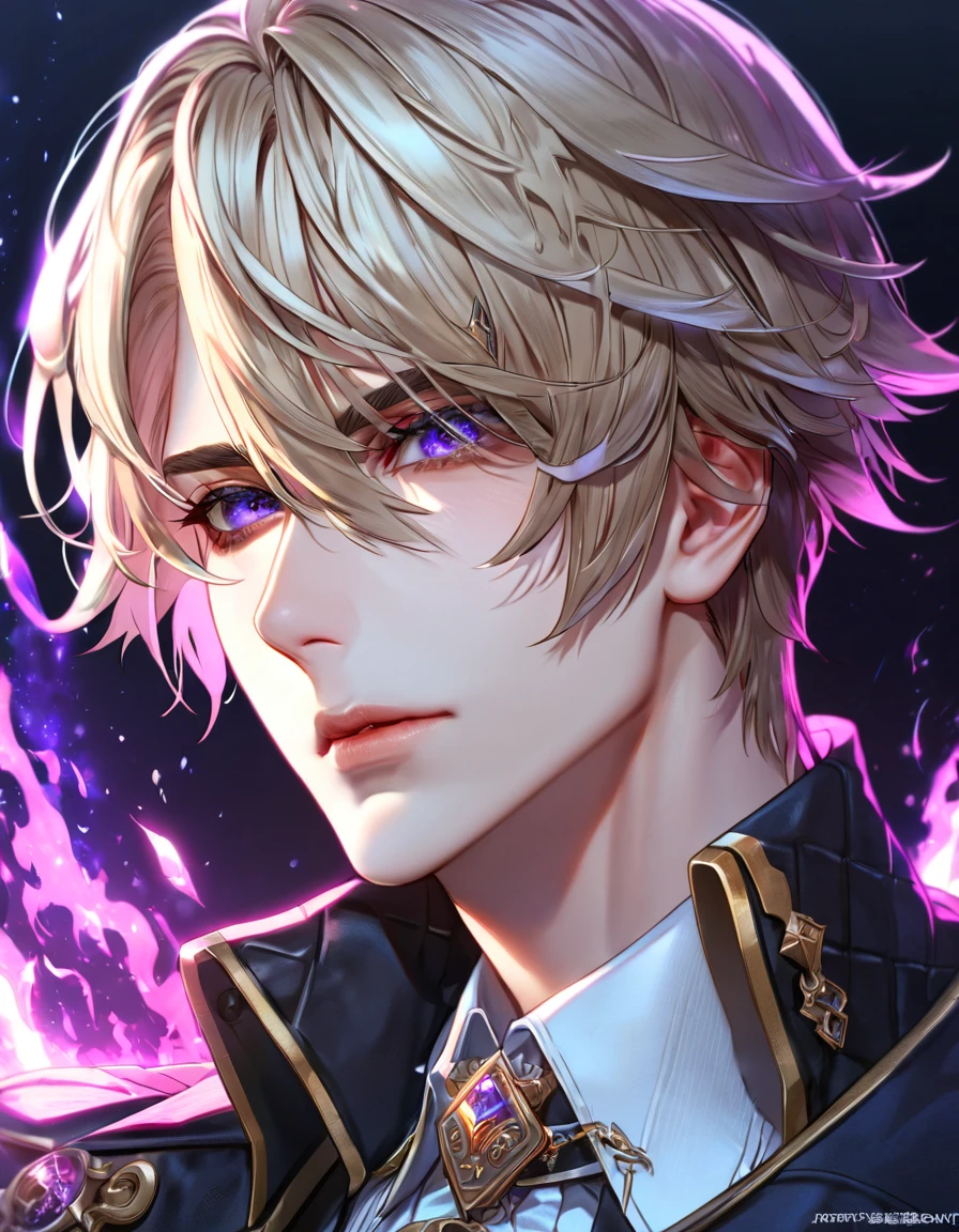 absurdres, highres, ultra detailed, HDR, master piece, best quality, extremely detailed face, delicated features, Julius Visconti, ash-blonde messy hair, short hair, hair that has bangs hanging on the left side, hair between the eyes, God Eater 2, solo, sexy man, handsome, a black collar with gold buckle, black coat, with gold accents, white shirt, fantasy, magic, radiant, purple moon, starry, purple flames