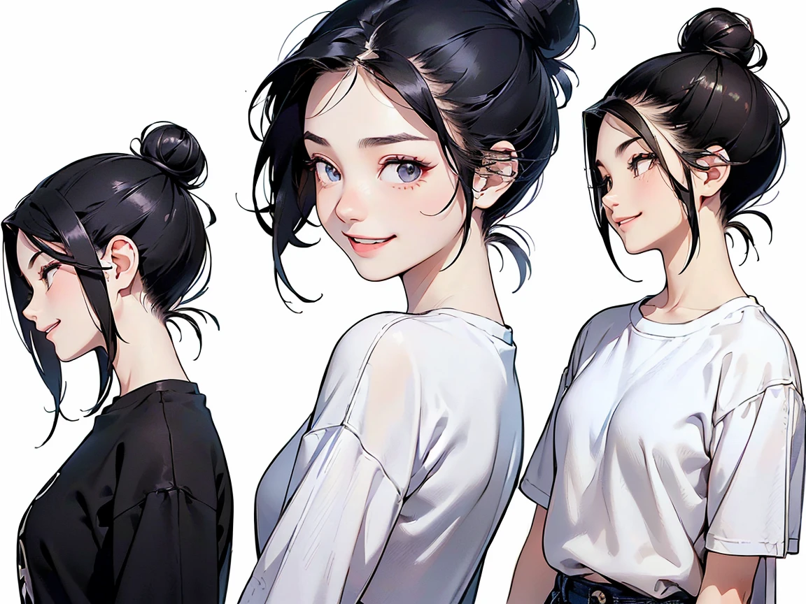 21 years old, Black-haired girl,  (((Smiley Face, Flirting face, Excited face, Excited face, Scared face, Confused face))) Jeans and tight tops, ((Bun hairstyle)) (((Detailed character list, Front view, side view, Three-quarter view))) (((White background)))
