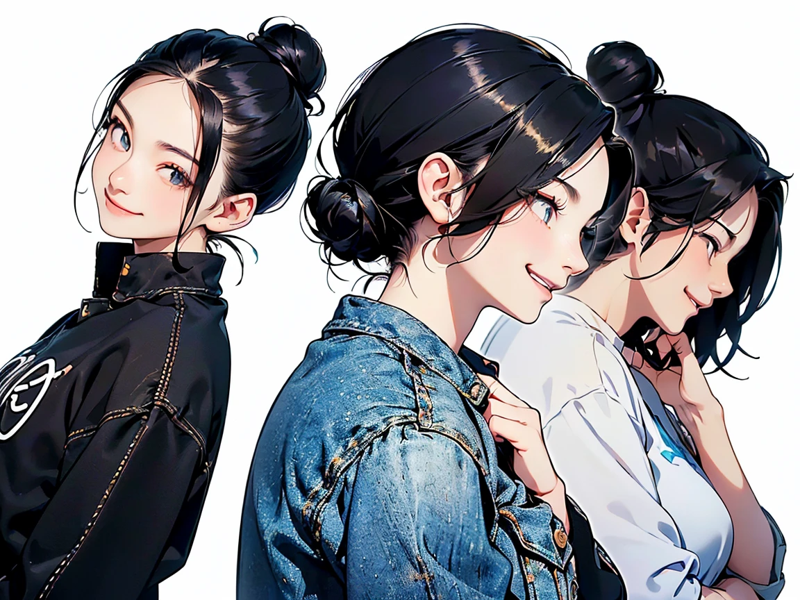 21 years old, Black-haired girl,  (((Smiley Face, Flirting face, Excited face, Excited face, Scared face, Confused face))) Jeans and tight tops, ((Bun hairstyle)) (((Detailed character list, Front view, side view, Three-quarter view))) (((White background)))