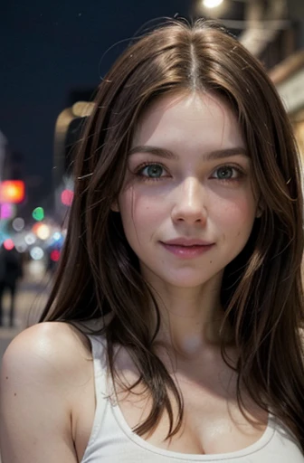 White woman, 35 years old, Brown hair, long hair, Nice hair, Green eyes, Nice face, simetric face, Nice body, smile, street, night, cleavage, small breast, tank top