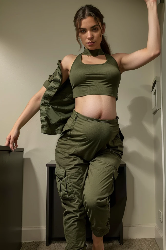 arafed woman taking a selfie in a green crop top, wearing military outfit, military outfit, wearing a sexy cropped top, army girl outfit, outfit photo, wearing crop top, 2 4 year old female model, military girl, crop shirt, ((pregnant belly)), full body shot, barefoot, physical : midriff, with two front pockets, wide hips