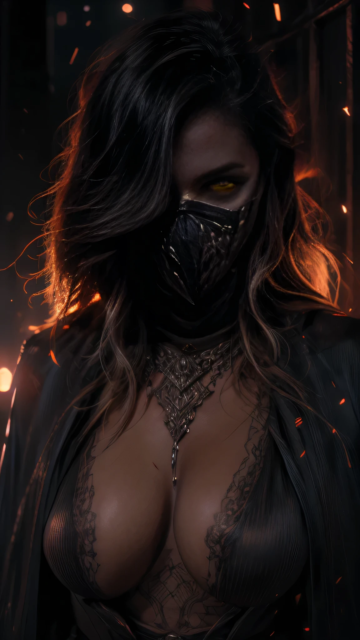 A beautiful cowgirl bounty hunter, detailed perfect facial features, a mysterious mask, a sexy and voluptuous figure with a massive, perfectly shaped bust and deep cleavage, ultra-realistic detailed skin texture, extreme details, (best quality,4k,8k,highres,masterpiece:1.2),ultra-detailed,(realistic,photorealistic,photo-realistic:1.37),detailed eyes,detailed lips,extremely detailed face,longeyelashes,intricate details,sharp focus,physically-based rendering,vivid colors,cinematic lighting,dramatic lighting,dark and moody,cinematic composition