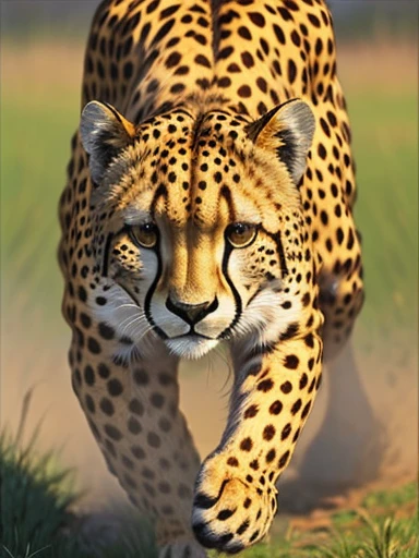 a cheetah in the savannah, running, Action painting, speed lines, framed, close-up, 85mm, masterpiece, super detail, high details, high quality, best quality