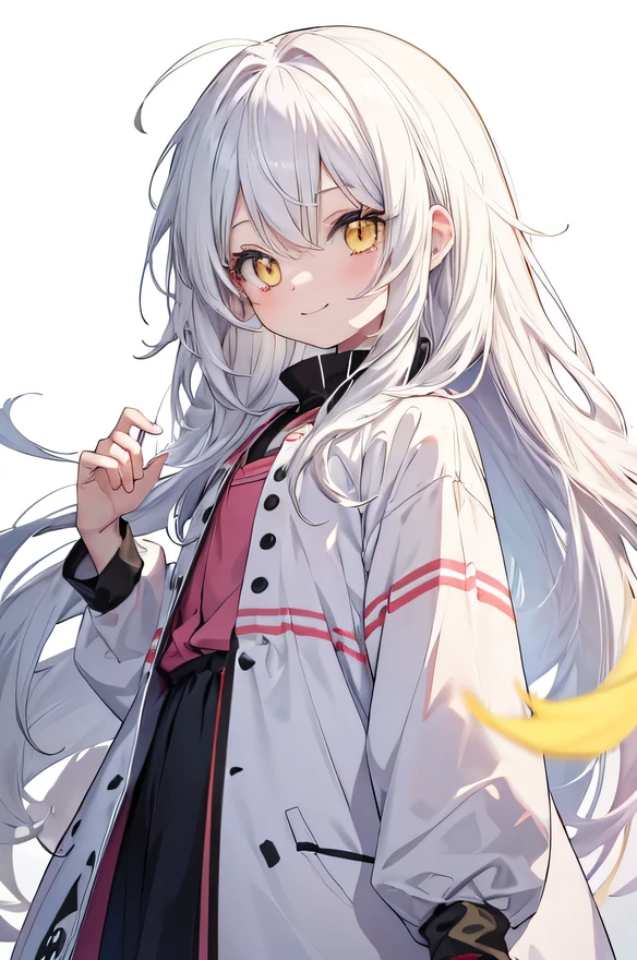 anime ddler, cute anime toler, smiling, white hair, long hair, messy hair, big eyes, yellow eyes