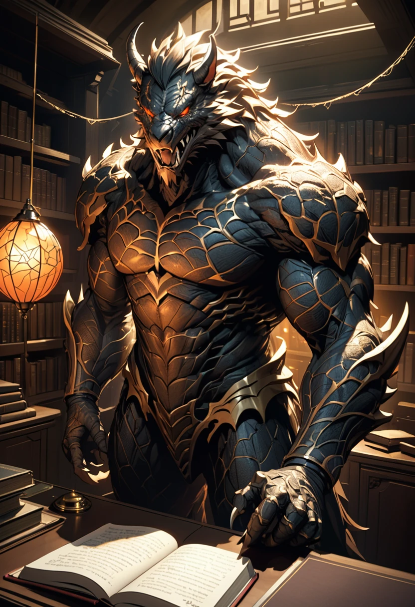 A masterful, ultra-high-resolution, (1.2) depiction of Tasmania Takeshi, a distinctive monster who has made a name for himself in the world of live broadcasting. Known for his unique literary talent, this beast is intricately detailed, with a body covered in cobweb-like patterns, glowing amber eyes, and a sharp, elongated snout. The scene is set in a dimly lit, old-book-filled study, with a single beam of light illuminating Takeshi from above, creating dramatic contrast and adding to the overall eerie atmosphere of the piece. This detailed, best-quality artwork is a must-see, trending on