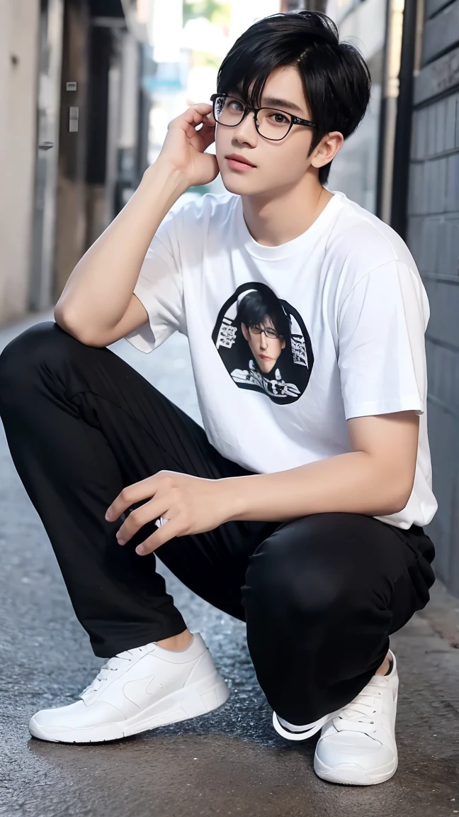 masterpiece, high quality, perfect face, 1man, male, teenager, narrow eyes, slight beard, glasses, black hair, white highlight color hair, mullet style hair, black t-shirt, black longpants, black shoes