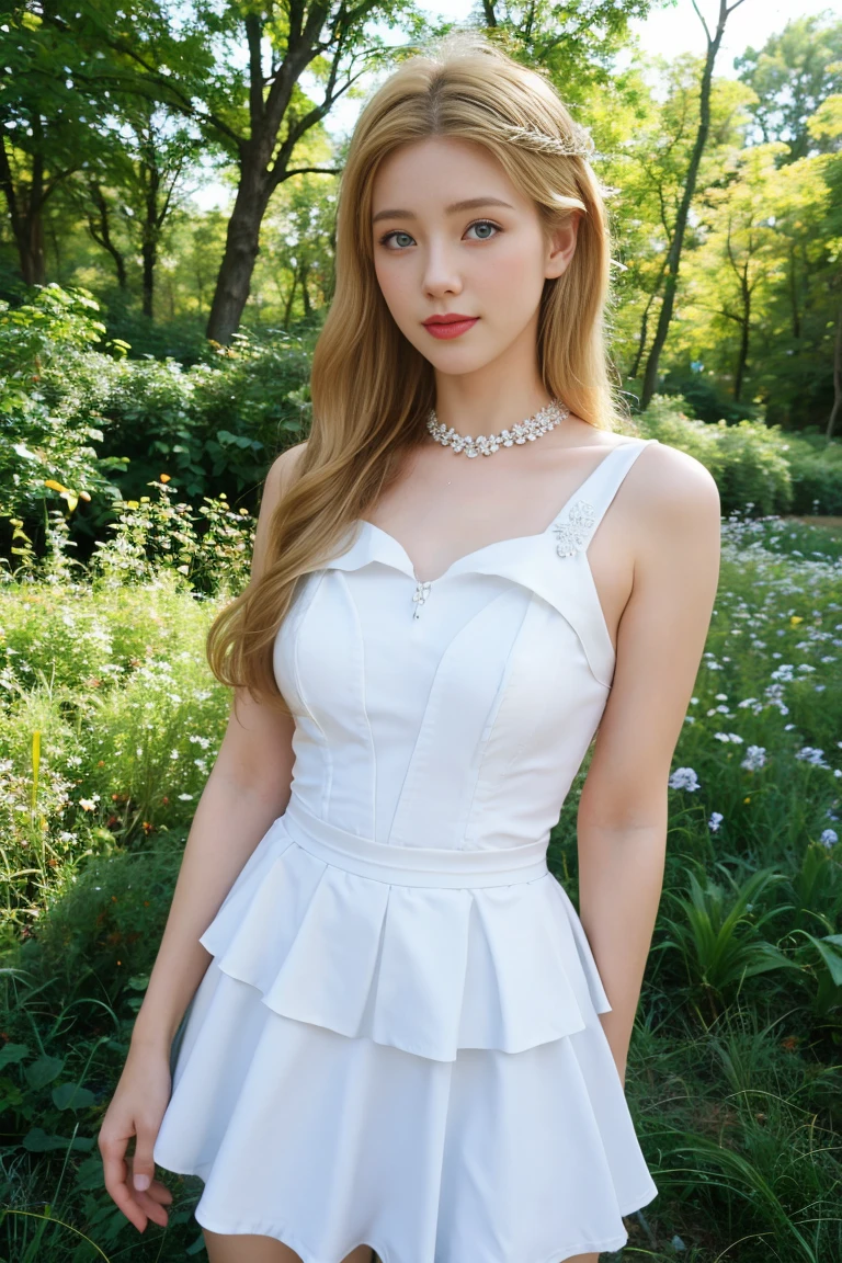  best quality, tmasterpiece,Ultra-high resolution,Clear face,（Reality：1.4），ferpect lighting，(upper body shot:1.5), (photorealistic:1.50), anime wallpaper, Guviz style artwork, cover-up fantasy up to magic , by Yang J, Guviz, beautiful artwork illustration, beautiful digital artwork, beautiful digital illustration, Li Song, beautiful anime portrait, art style in Beauvot,1girl,oddete ml, blue_eyes,(blonde hair:1.5), (hair ornament:1.3),blush,dress,field,from_side,hair_decoration,lens_flare,looking_at the viewer,closed_mouth,outdoors,short_dress,long_hair,shoulder_skirt,hold_skirt,sleeveless,sleeveless_dress , 独奏, standing, rope_slit, evening dress, white_dress,