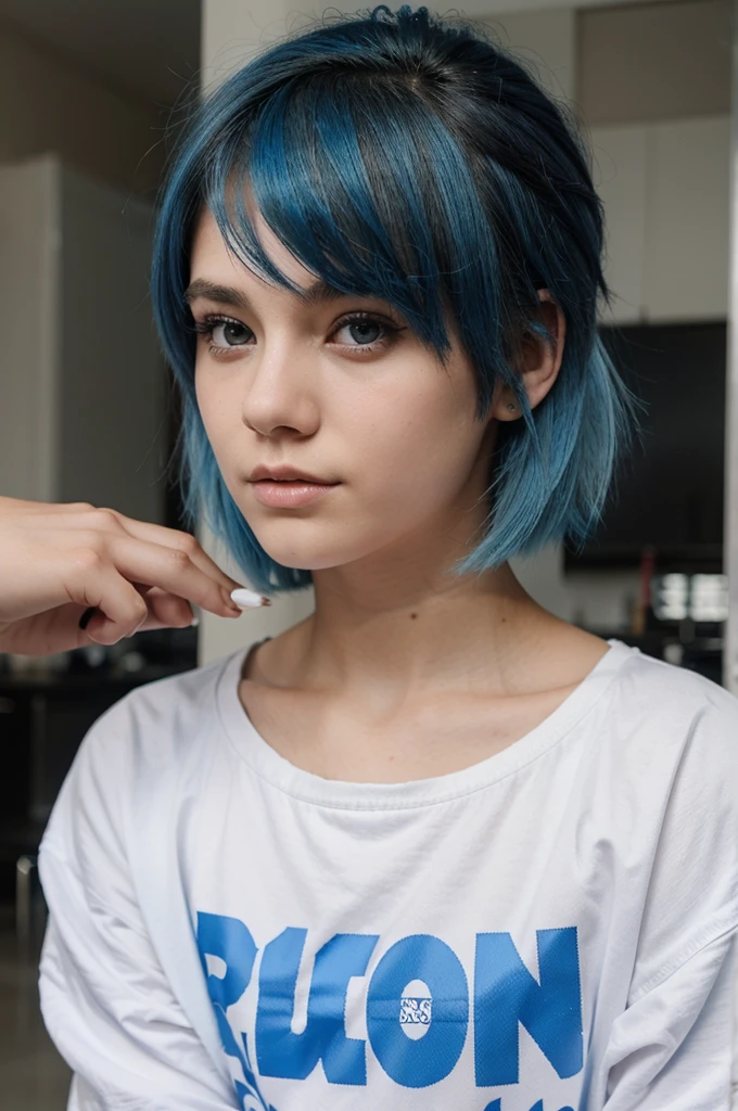 Naked teen girl, realistic, short blue hair, full budy