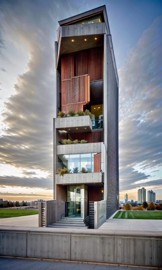 Realistic Photo, office building, night render, provide a highly detailed visual description of the exterior facade, focusing on the flowing, curved wave shapes and how they create a dynamic, sculptural look, Describe the overall massing, scale, and grandeur of the building's design, Discuss how the undulating facade interacts with light and shadow to create a sense of movement, Note any distinctive architectural features like the entrance, canopies, etc. that reinforce the wave design motif, Describe the interior spaces and how they relate to the exterior sculptural form, Use vivid descriptive language to convey a sense of awe and appreciation for the innovative, creative design, Analyze how the building defies conventional design norms yet achieves functionality, Contextualize it as an iconic addition to the cityscape and a new landmark, Discuss the broader significance of the design as pushing boundaries in modern architecture