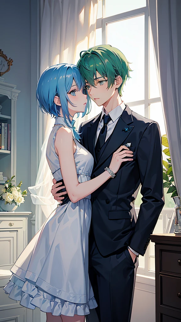 A boy who measures 1.84 with light blue hair, medium short hair, green eyes, elegant suit while hugging a girl who measures 1.70's platinum white hair wavy crimson red eyes with elegant black color clothes fox breed