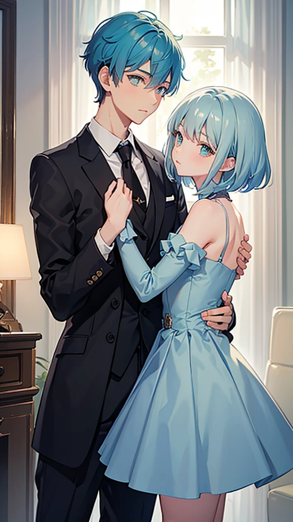 A boy who measures 1.84 with light blue hair, medium short hair, green eyes, elegant suit while hugging a girl who measures 1.70&#39;s platinum white hair wavy crimson red eyes with elegant black color clothes fox breed