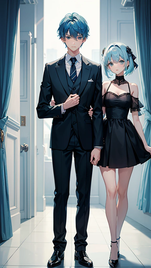 A boy who measures 1.84 with light blue hair, medium short hair, green eyes, elegant suit while hugging a girl who measures 1.70's platinum white hair wavy crimson red eyes with elegant black color clothes fox breed