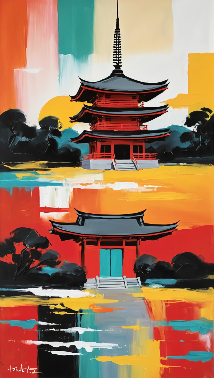 Abstract expressionist painting of a Japanese temple. Energetic brush, bold colors, abstract, expressive, emotional shapes