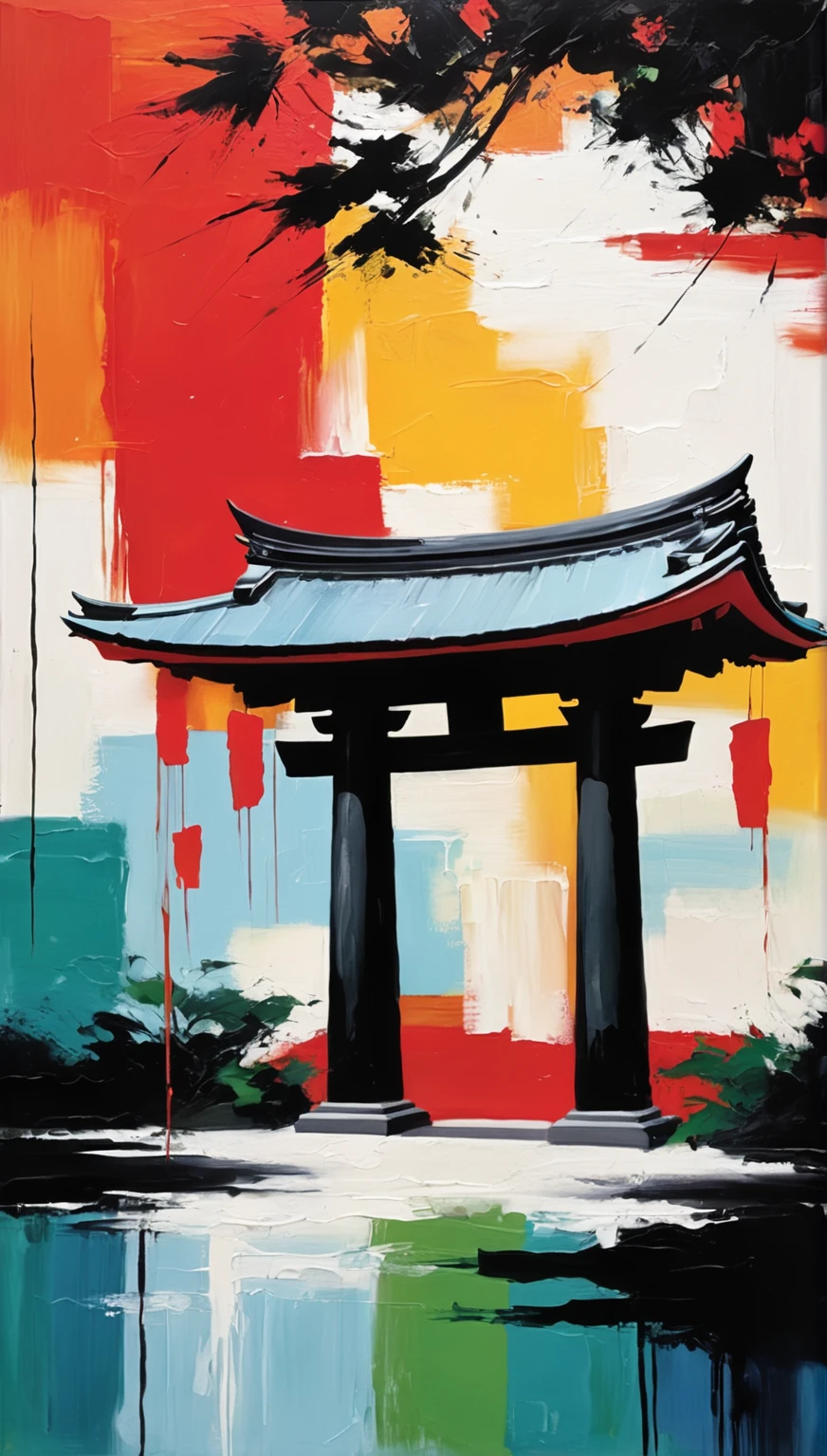 Abstract expressionist painting of a Japanese temple. Energetic brush, bold colors, abstract, expressive, emotional shapes