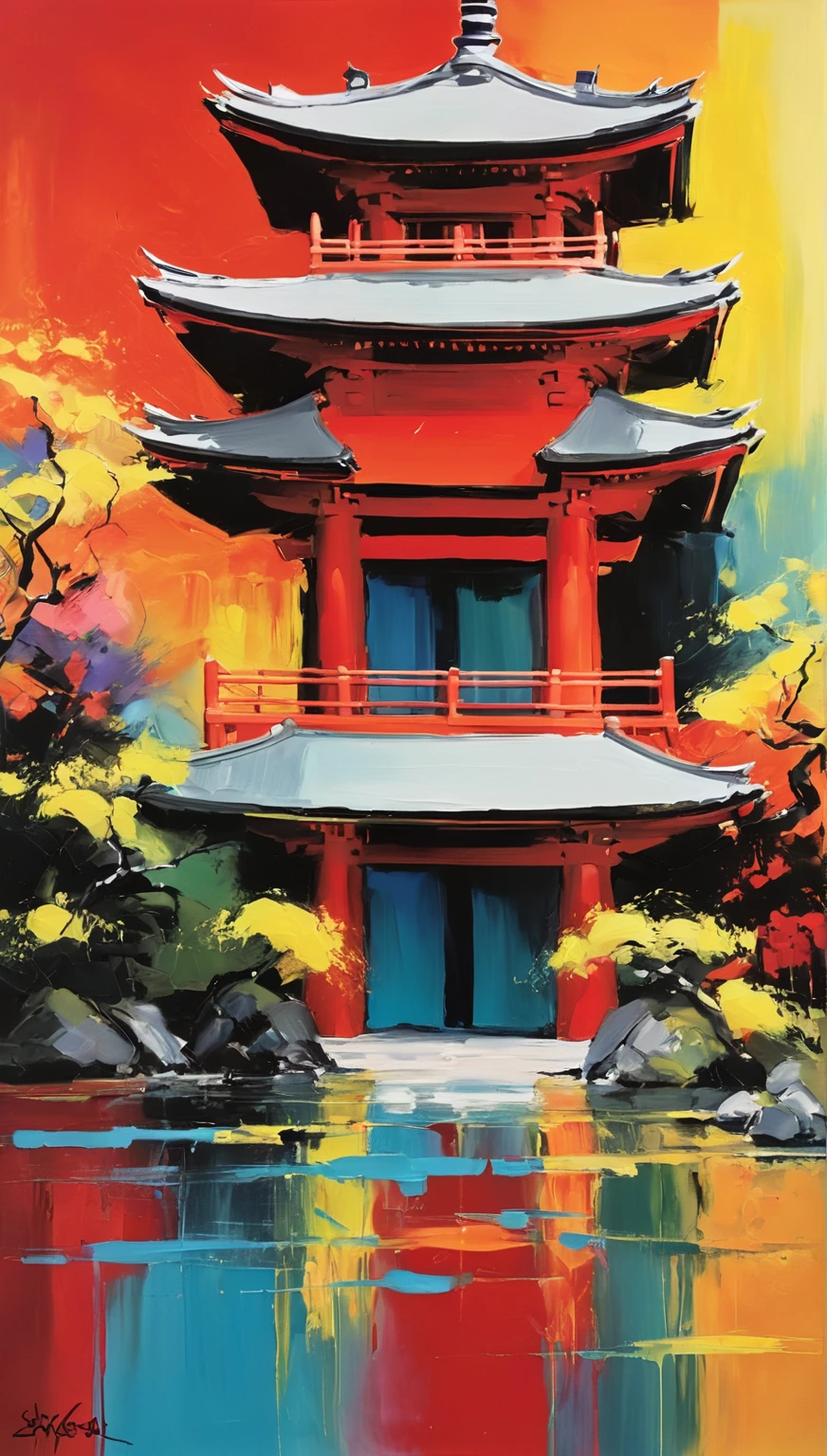 Abstract expressionist painting of a Japanese temple. Energetic brush, bold colors, abstract, expressive, emotional shapes