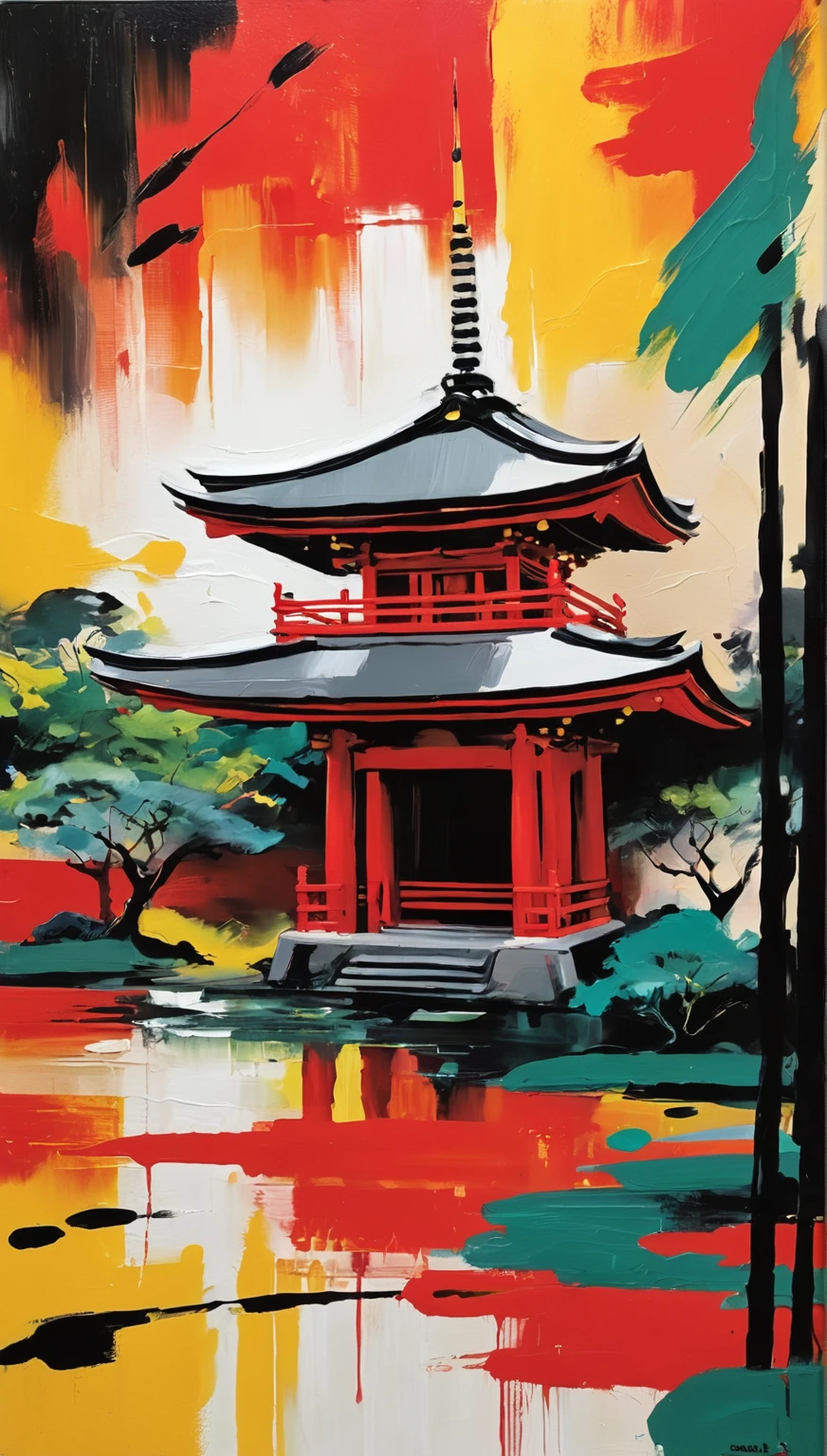 Abstract expressionist painting of a Japanese temple. Energetic brush, bold colors, abstract, expressive, emotional shapes