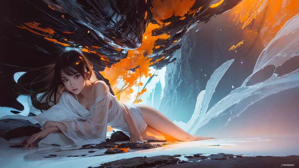 32k, Masterpiece, Highest quality, One girl, Detailed eyes, flower,Alstroemeria, White and orange style,A dreamy, romantic piece,Pale purple, Mysterious Leaves,A playful arrangement,Fantasy,High Contrast,Ink strokes,explosion,Exposure, Impression of white and orange tones,Abstract,((Watercolours by John Berkey and Jeremy Mann )) Brush strokes,Negative Space, Tyndall effect,