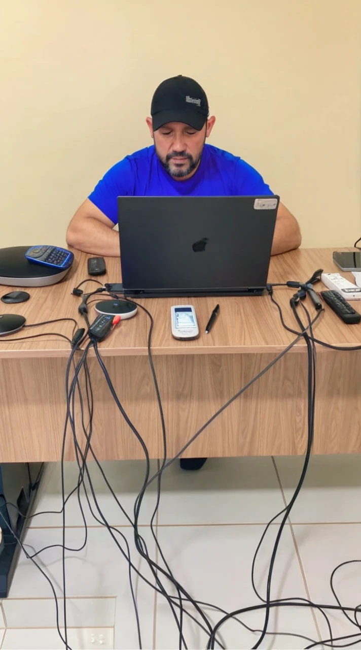a teacher sitting at a desk with a laptop computer, teaching an online class via video conference, surrounded by various educational technology tools and devices such as an interactive whiteboard, a tablet, a smartphone, and a desktop computer, demonstrating the use of technology in education, masterpiece, realistic, photorealistic, 8k, highly detailed, intricate, cinematic lighting, warm color tones, professional studio quality