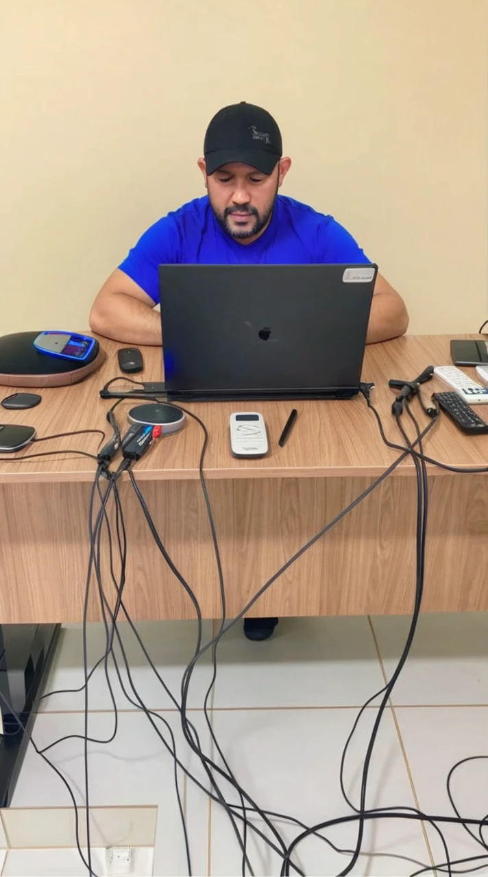 a teacher sitting at a desk with a laptop computer, teaching an online class via video conference, surrounded by various educational technology tools and devices such as an interactive whiteboard, a tablet, a smartphone, and a desktop computer, demonstrating the use of technology in education, masterpiece, realistic, photorealistic, 8k, highly detailed, intricate, cinematic lighting, warm color tones, professional studio quality