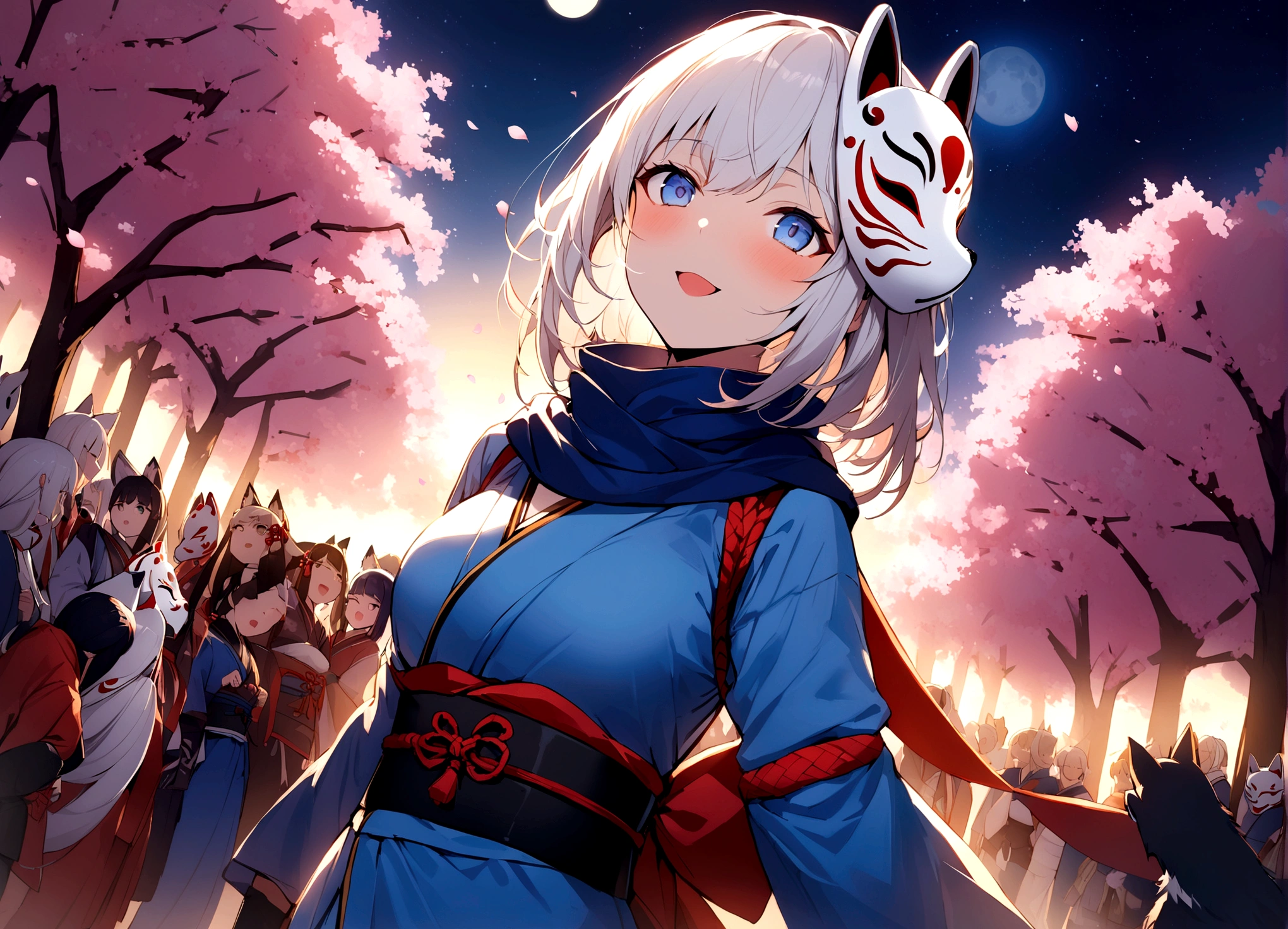 (masterpiece, best quality:1.2), 1girl, 独奏,Wolf girl, fox mask, ninja, girl, long white hair, odd eyes, blue kimono, ninja girl, red and blue scarf,Dancing Cherry Blossoms,Full moon backlighting, light coming in, fantastic atmosphere.Kyoto、Starry sky and full moon、Black fox mask、Fisheye Lens、Dynamic Angles、Shinobi no Sato、Cherry tree in full bloom、Cherry Blossoms at Night、festival、Looking up
