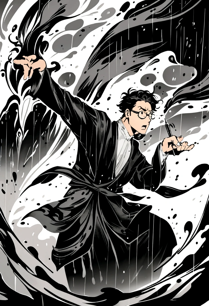 ink art style, black and white, abstract, watercolor painting style, blurs, drawing of a young man, artist man, elegant old clothes, writer man, desperate man ,stressed, rampant, writing with ink, very inspired man, unkempt black hair, glasses, epic , ink and writing powers, rage, strong wind clothes with the wind, rain , black and white, epic, exaggerated pose