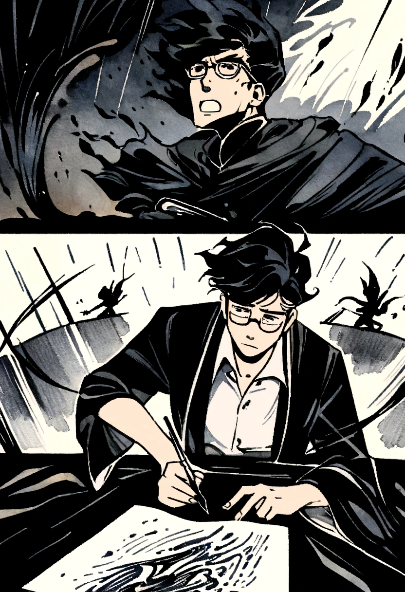 ink art style, black and white, abstract, watercolor painting style, blurs, drawing of a young man, artist man, elegant old clothes, writer man, desperate man ,stressed, rampant, writing with ink, very inspired man, unkempt black hair, glasses, epic , ink and writing powers, rage, strong wind clothes with the wind, rain , black and white, epic, exaggerated pose
