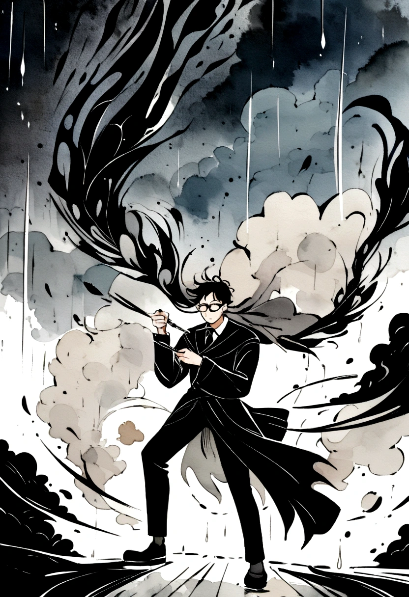 ink art style, black and white, abstract, watercolor painting style, blurs, drawing of a young man, artist man, elegant old clothes, writer man, desperate man ,stressed, rampant, writing with ink, very inspired man, unkempt black hair, glasses, epic , ink and writing powers, rage, strong wind clothes with the wind, rain , black and white, epic, exaggerated pose