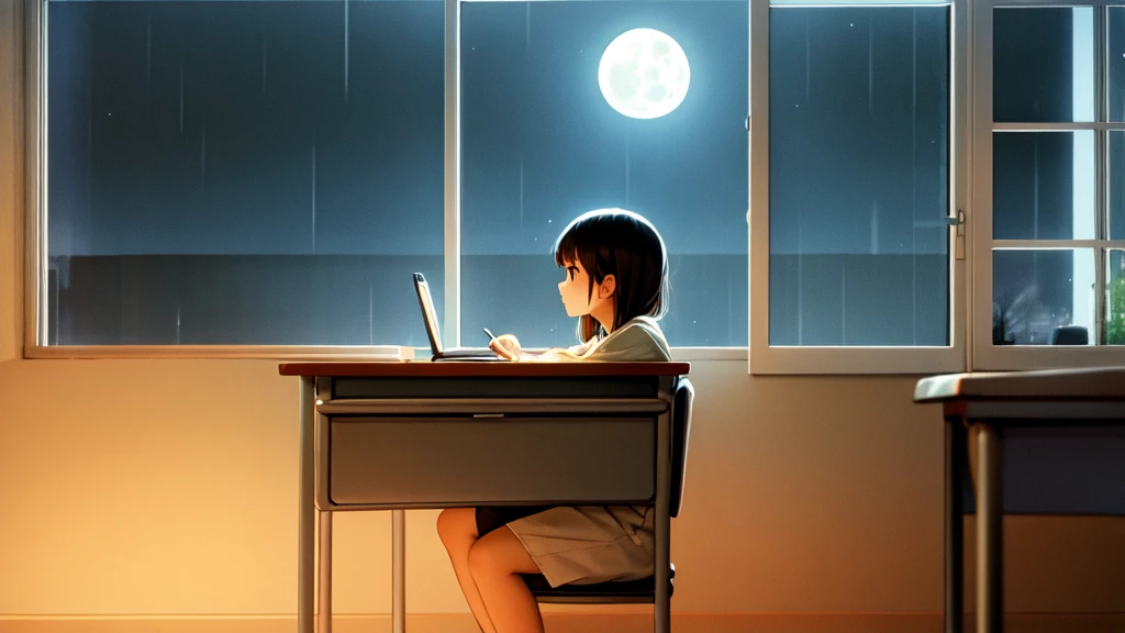 1girl sitting her desk, studying in her room, ,at night, doing homework, a studyroom with a window, moon in the background, raining, soft light,