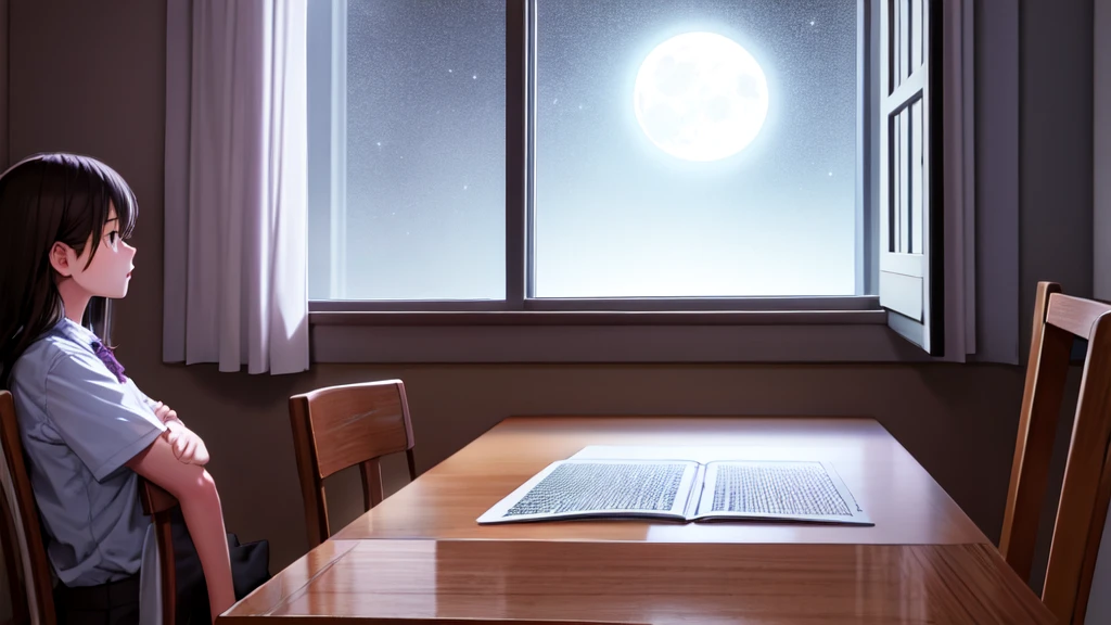 1girl sitting her desk, studying in her room, ,at night, doing homework, a studyroom with a window, moon in the background, raining, soft light,