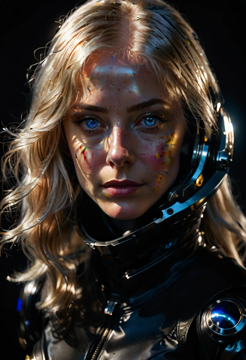 a woman with shimmering golden-platinum hair, deep blue eyes, wearing a black spacesuit, hyperrealistic, highly detailed, raw unprocessed photographic quality, intricate, cinematic lighting, dramatic shadows, dramatic atmosphere, realistic skin texture, pores, wrinkles, unedited, unfiltered, no post-processing, natural imperfections, ultra-detailed, 8k, photorealistic, professional photography, masterpiece, cinematic, moody, dramatic