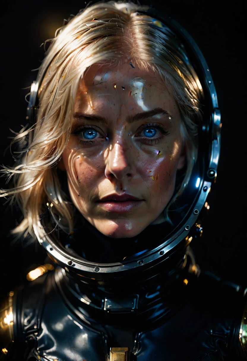 a woman with shimmering golden-platinum hair, deep blue eyes, wearing a black spacesuit, hyperrealistic, highly detailed, raw unprocessed photographic quality, intricate, cinematic lighting, dramatic shadows, dramatic atmosphere, realistic skin texture, pores, wrinkles, unedited, unfiltered, no post-processing, natural imperfections, ultra-detailed, 8k, photorealistic, professional photography, masterpiece, cinematic, moody, dramatic