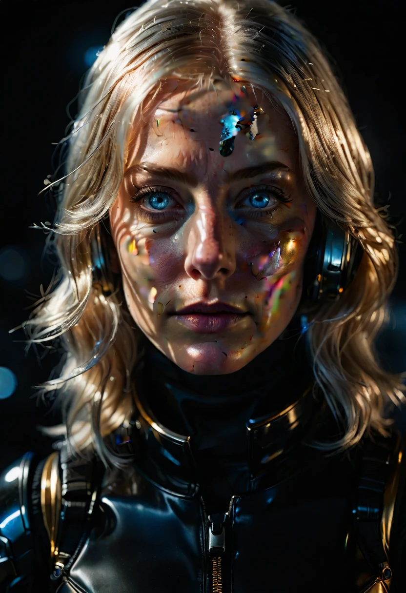 a woman with shimmering golden-platinum hair, deep blue eyes, wearing a black spacesuit, hyperrealistic, highly detailed, raw unprocessed photographic quality, intricate, cinematic lighting, dramatic shadows, dramatic atmosphere, realistic skin texture, pores, wrinkles, unedited, unfiltered, no post-processing, natural imperfections, ultra-detailed, 8k, photorealistic, professional photography, masterpiece, cinematic, moody, dramatic