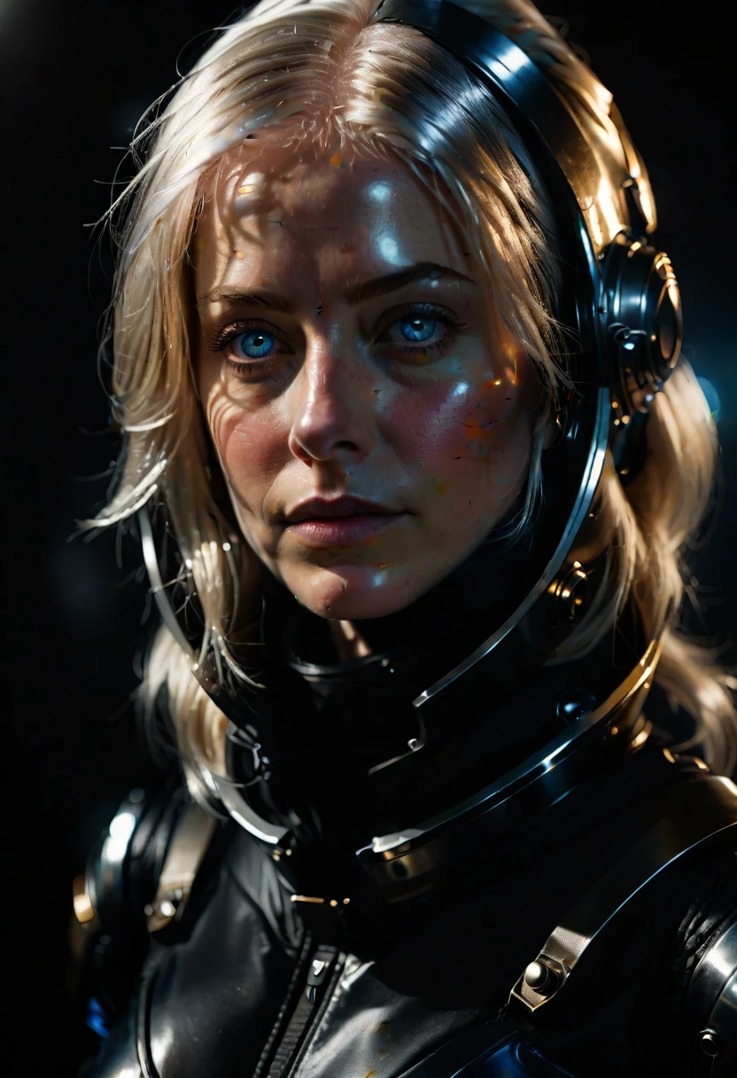 a woman with shimmering golden-platinum hair, deep blue eyes, wearing a black spacesuit, hyperrealistic, highly detailed, raw unprocessed photographic quality, intricate, cinematic lighting, dramatic shadows, dramatic atmosphere, realistic skin texture, pores, wrinkles, unedited, unfiltered, no post-processing, natural imperfections, ultra-detailed, 8k, photorealistic, professional photography, masterpiece, cinematic, moody, dramatic