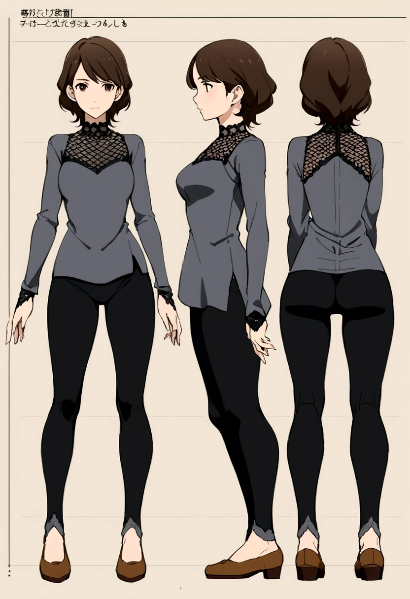 Detailed character sheet, Front view, Side view, Diagonal view, with a white returnground, show women, 30 years old, with short dark brown hair combed return, Wearing light casual clothing, Wearing tight black leggings. The seat includes different angles, Front etc., return, and Side views, Model sheets and reference sheets, Full-body painting. Proportions are based on a 7.5 head scale.