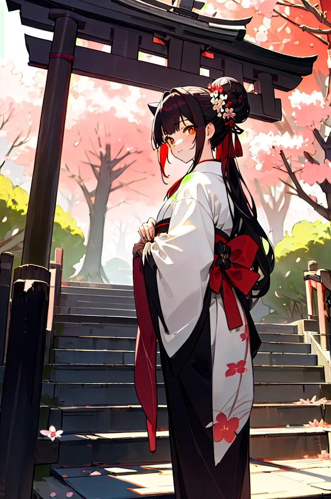 ((masterpiece,best quality)),2girls, black kimono, black legwear, black ribbon, black hair, cherry blossoms, day, flower, hair bun, hair ribbon, japanese clothes, kimono, long hair, looking at viewer, looking back, multiple girls, obi, outdoors, red eyes, red hair, ribbon, sandals, single hair bun, stairs, standing, statue, torii, tree, white kimono, yellow eyes