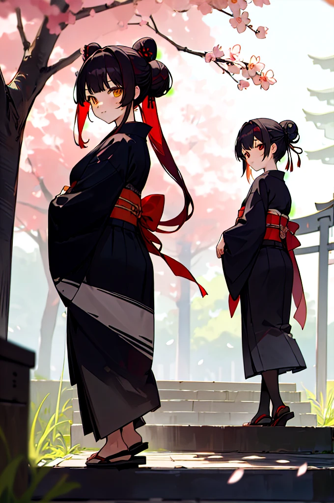 ((masterpiece,best quality)),2girls, black kimono, black legwear, black ribbon, black hair, cherry blossoms, day, flower, hair bun, hair ribbon, japanese clothes, kimono, long hair, looking at viewer, looking back, multiple girls, obi, outdoors, red eyes, red hair, ribbon, sandals, single hair bun, stairs, standing, statue, torii, tree, white kimono, yellow eyes