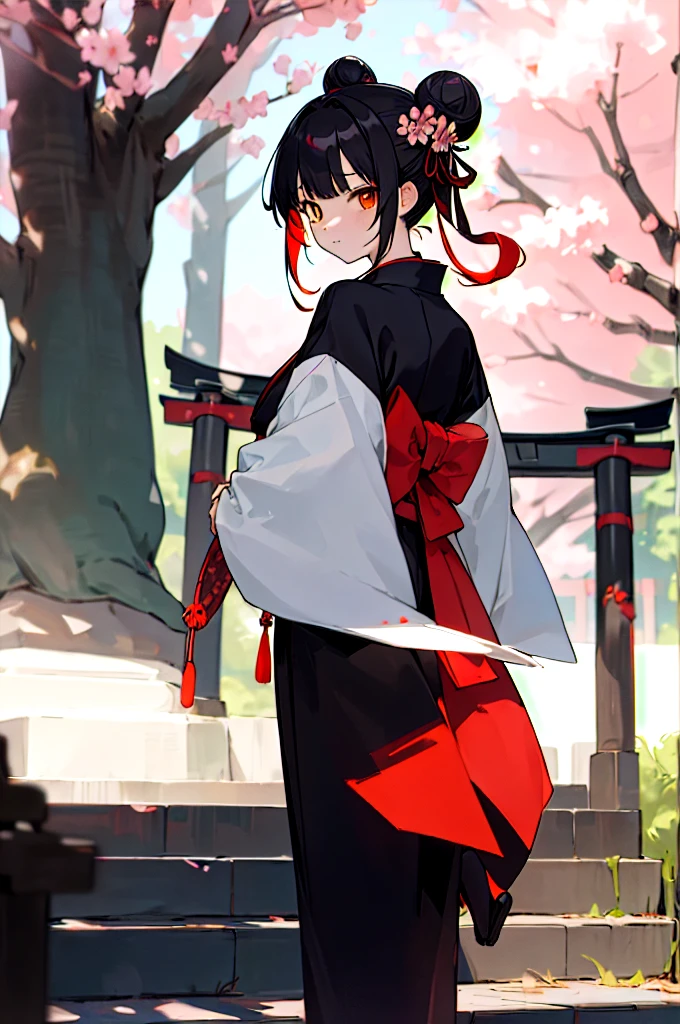 ((masterpiece,best quality)),2girls, black kimono, black legwear, black ribbon, black hair, cherry blossoms, day, flower, hair bun, hair ribbon, japanese clothes, kimono, long hair, looking at viewer, looking back, multiple girls, obi, outdoors, red eyes, red hair, ribbon, sandals, single hair bun, stairs, standing, statue, torii, tree, white kimono, yellow eyes