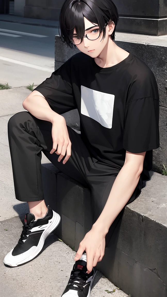 masterpiece, high quality, perfect face, 1man, male, ager, narrow eyes, slight beard, glasses, black hair, white highlight color hair, mullet style hair, black t-shirt, black longpants, black shoes