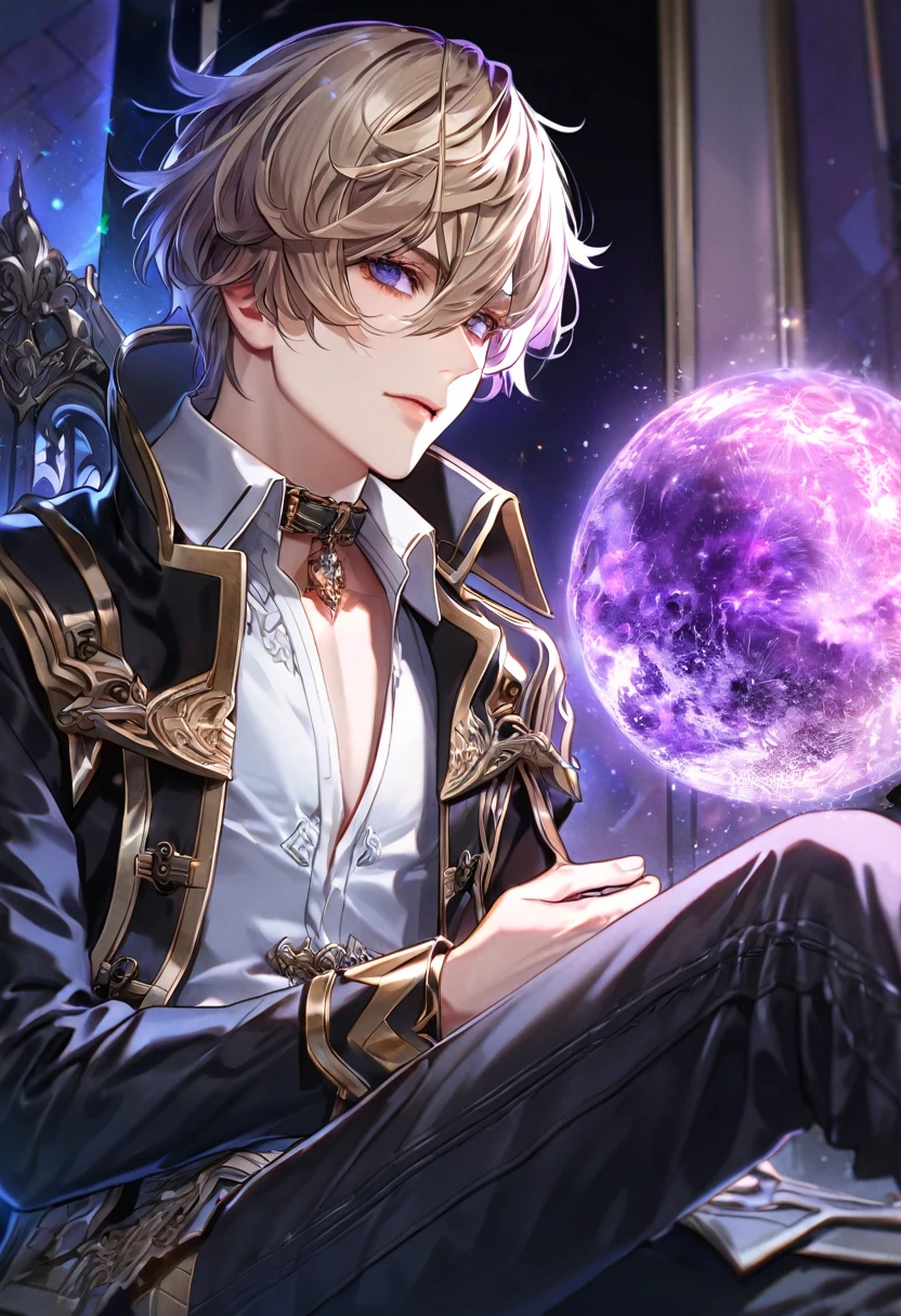 absurdres, highres, ultra detailed, HDR, master piece, best quality, extremely detailed face, delicated features, Julius Visconti, ash-blonde messy hair, short hair, hair that has bangs hanging on the left side, hair between the eyes, God Eater 2, solo, sexy man, handsome, a black collar with gold buckle, black coat, with gold accents, white shirt, black pants, sitting, fantasy, magic, radiant, purple moon, starry, purple flames