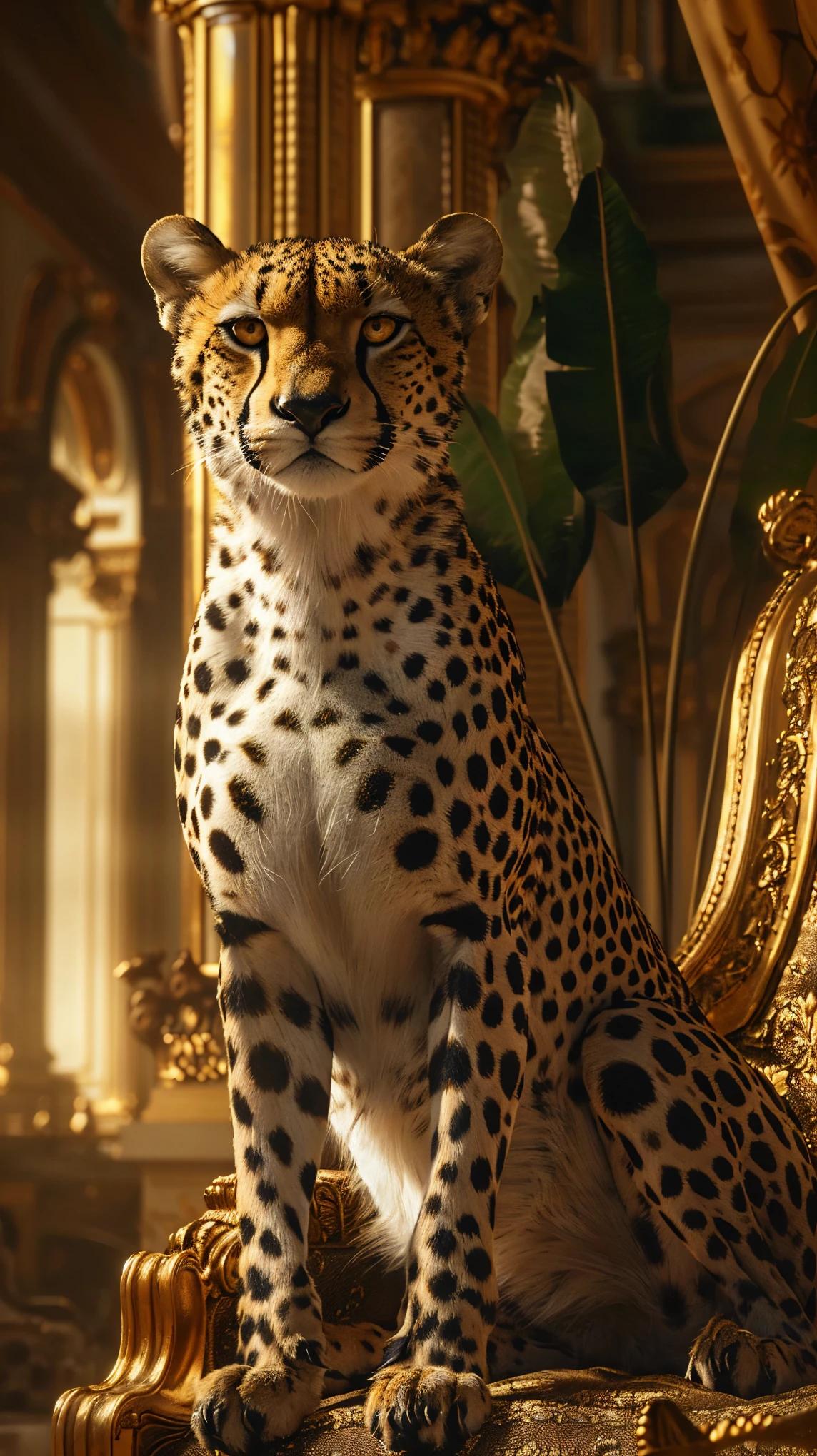 There is a cheetah sitting on a golden chair in the room, hyperreal Very detailed 8k, very Highly detailed 8K, High-detail 8k rendering, High-detail 8k rendering, Highly detailed textures 8k, Highly detailed textures 8k, 8k high detail and complexity, Stills 8k, Very detailed 8k, Highly detailed 8K