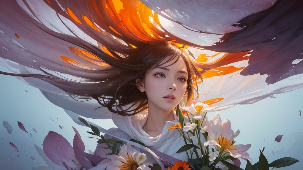 32k, Masterpiece, Highest quality, One girl, Detailed eyes, flower,Alstroemeria, White and orange style,A dreamy, romantic piece,Pale purple, Mysterious Leaves,A playful arrangement,Fantasy,High Contrast,Ink strokes,explosion,Exposure, Impression of white and orange tones,Abstract,((Watercolours by John Berkey and Jeremy Mann )) Brush strokes,Negative Space, Tyndall effect,