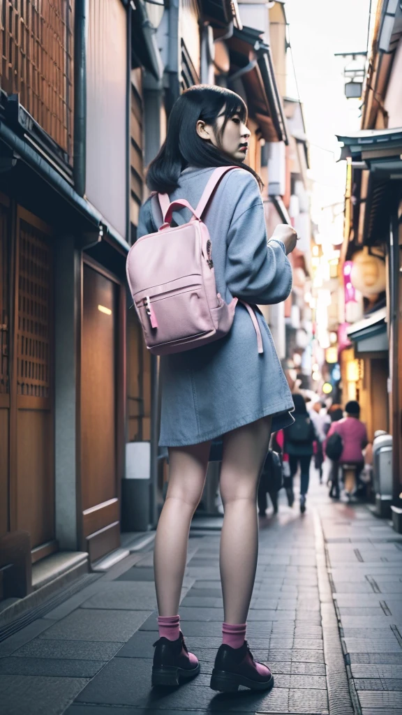 Kyoto cityscape A Japanese girl in her 20s traveling alone Carrying a pink backpack